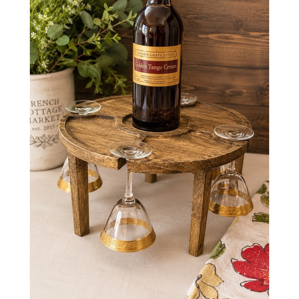 Rustic Wooden Wine Bottle & Glass Holder Stand Tabletop Serving Caddy Stemware